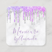 Moderne paarse & marmeren glitter druppelt manicur vierkante visitekaartje (Voorkant)