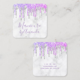Moderne paarse & marmeren glitter druppelt manicur vierkante visitekaartje