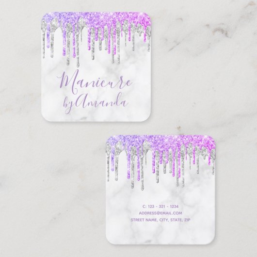 Moderne paarse & marmeren glitter druppelt manicur vierkante visitekaartje (Voorkant / Achterkant)
