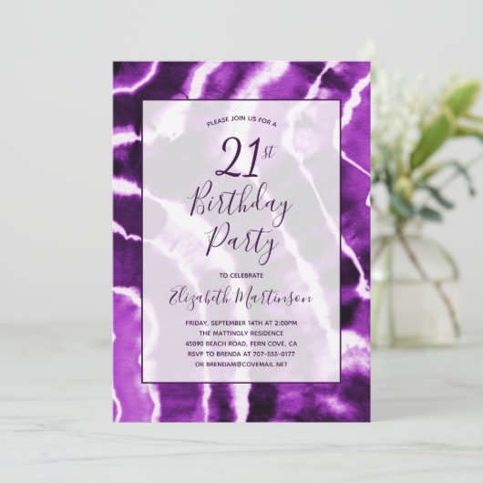 Moderne Paarse Marmeren Tie Dye 21ste Verjaardagsf Kaart (Staand voorkant)