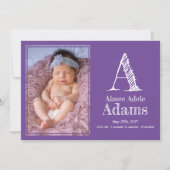 Moderne Paarse Monogram Geboortestatistieken Foto Aankondiging (Voorkant)