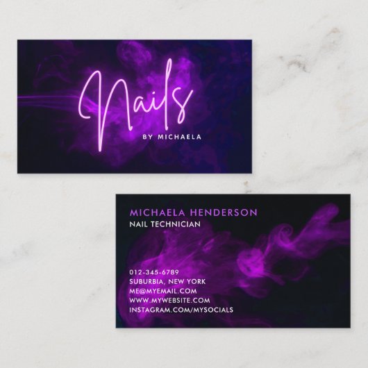 Moderne Paarse Neon & Rook Nagelstylist Visitekaartje (Voorkant / Achterkant)