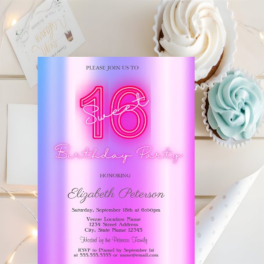 Moderne Paarse Neon Sweet 16 Kaart