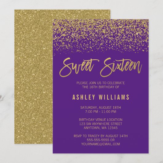 Moderne paarse nep gouden glitters Sweet 16 Kaart (Voorkant / Achterkant)