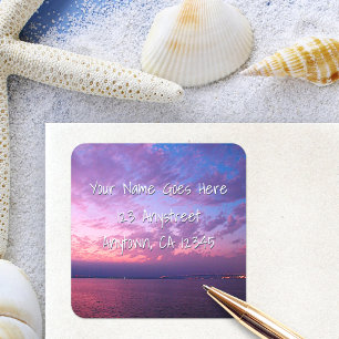 Moderne paarse oceaanschildering bij zonsondergang vierkante sticker