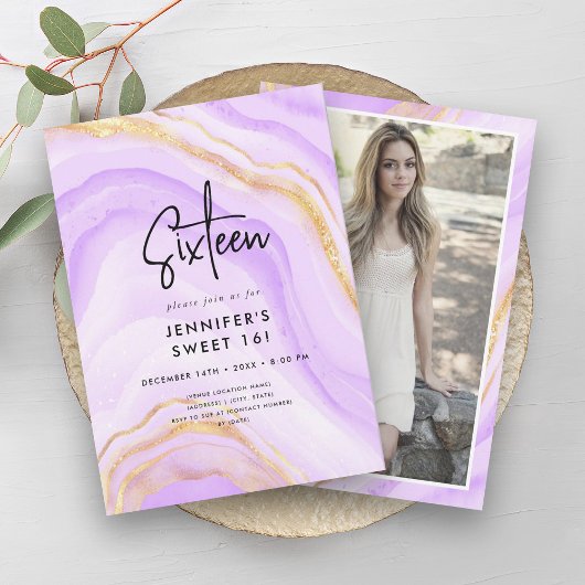 Moderne Paarse Ombre Marmeren Foto Sweet 16 Kaart