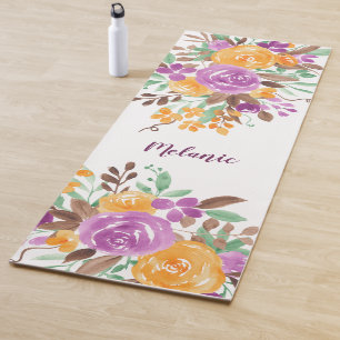 Moderne paarse oranje bloemen waterverf naam yogamat