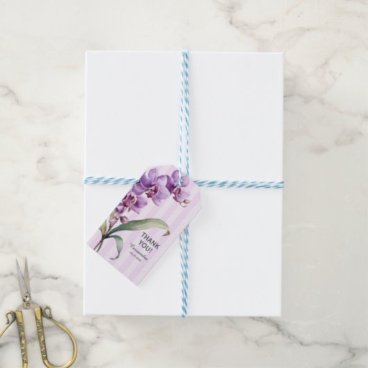Moderne Paarse orchidee strepen bloemig dank u Cadeaulabel (Met Touw)