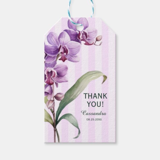 Moderne Paarse orchidee strepen bloemig dank u Cadeaulabel (Voorkant)