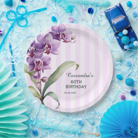 Moderne Paarse Orchidee Stripes Bloemen 60ste Verj Papieren Bordje (Feest)