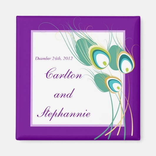 Moderne Paarse Peacock bruiloft magneet gunst (Voorkant)