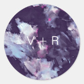 Moderne Paarse penseelstreken Monogram bruiloft Ronde Sticker (Voorkant)