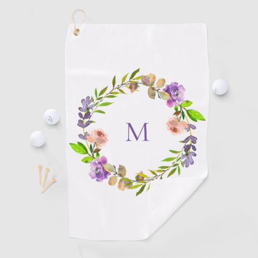 Moderne Paarse perzik bloemenkrans monogram Golfhanddoek (Insitu)