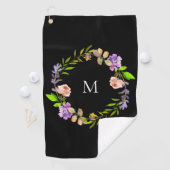 Moderne Paarse Perzik Zwarte Bloemenkrans Monogram Golfhanddoek (Insitu)