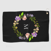 Moderne Paarse Perzik Zwarte Bloemenkrans Monogram Golfhanddoek (Horizontaal)