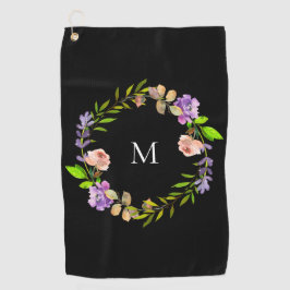 Moderne Paarse Perzik Zwarte Bloemenkrans Monogram Golfhanddoek