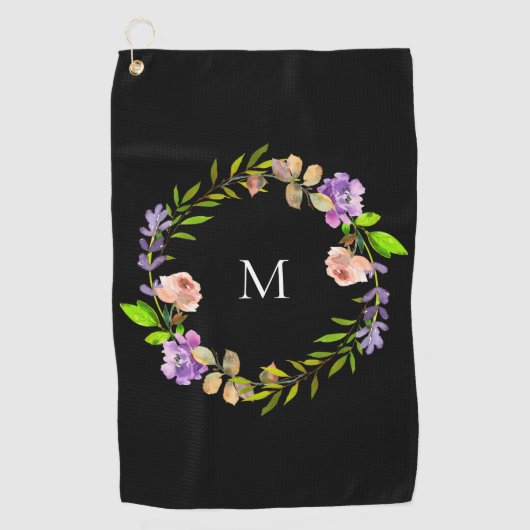 Moderne Paarse Perzik Zwarte Bloemenkrans Monogram Golfhanddoek (Voorkant)