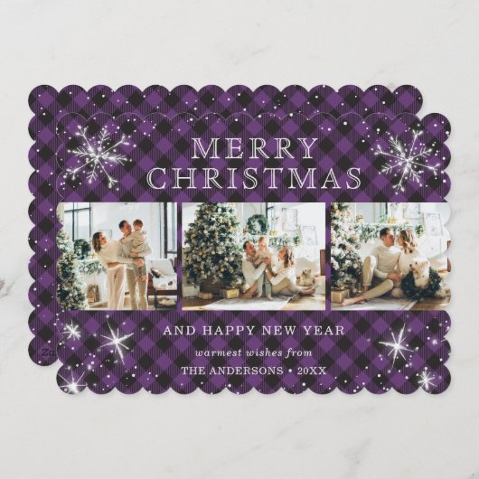 Moderne Paarse Plaid Snowflake 3 Fotocollage Feestdagenkaart (Voorkant / Achterkant)