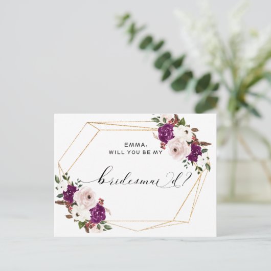 Moderne Paarse Plum Blush Roze Bloemen Bruidsmeisj Briefkaart (Staand voorkant)