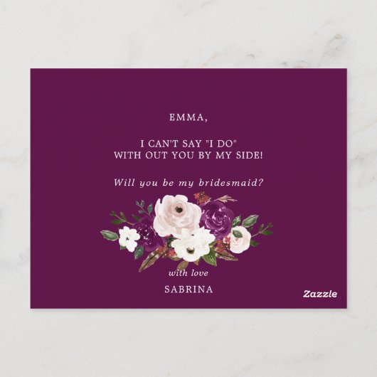 Moderne Paarse Plum Blush Roze Bloemen Bruidsmeisj Briefkaart (Achterkant)