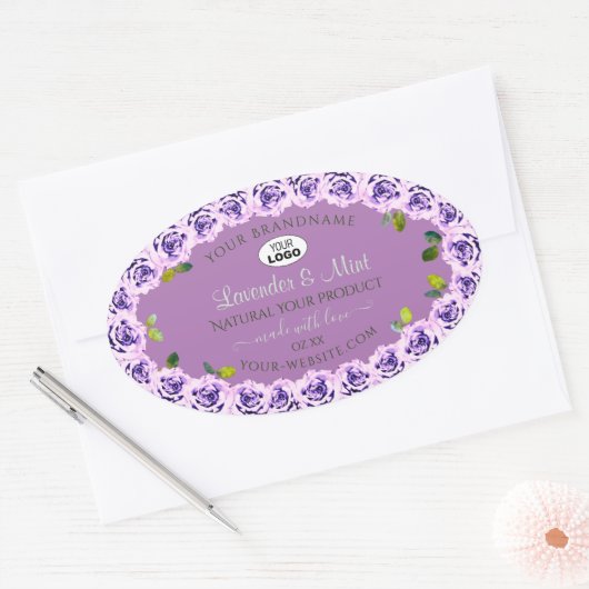 Moderne Paarse productlabels: bloeiende Rozen Logo Ovale Sticker (Envelop)
