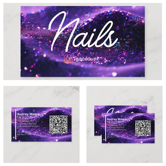 Moderne Paarse Professionele Kaart QR Code Nagelst Visitekaartje