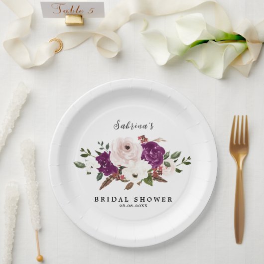 Moderne Paarse Pruim Blush Roze Bloemen Bruiloft Papieren Bordje (Huwelijk)