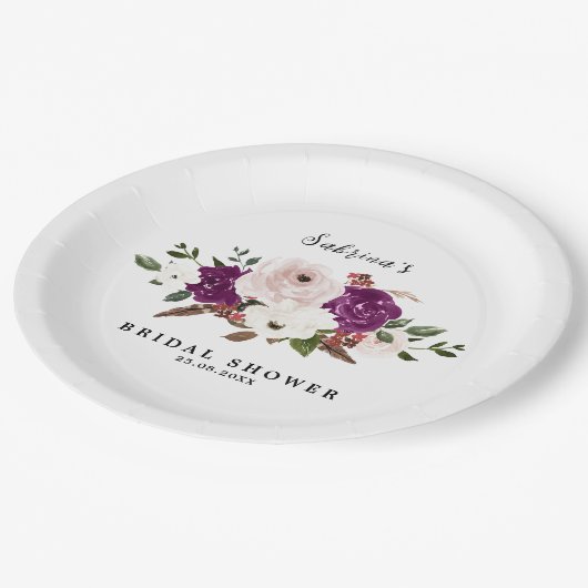 Moderne Paarse Pruim Blush Roze Bloemen Bruiloft Papieren Bordje (Gekanteld)