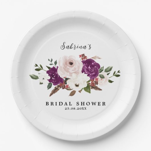 Moderne Paarse Pruim Blush Roze Bloemen Bruiloft Papieren Bordje (Voorkant)