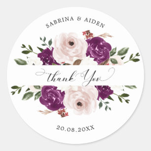 Moderne Paarse Pruim Blush Roze Bloemen Bruiloft Ronde Sticker