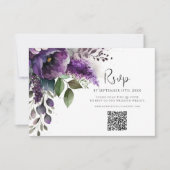 Moderne Paarse QR-code Elegante bloemenbruiloft RSVP Kaartje (Voorkant)
