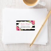 Moderne Paarse rode roze Fuchsia Floral BW Stripes Etiket (Insitu)