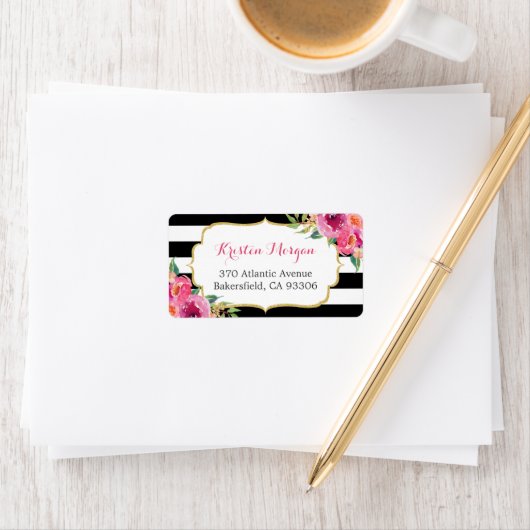 Moderne Paarse rode roze Fuchsia Floral BW Stripes Etiket (Insitu)