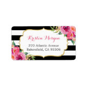 Moderne Paarse rode roze Fuchsia Floral BW Stripes Etiket (Voorkant)