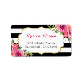 Moderne Paarse rode roze Fuchsia Floral BW Stripes Etiket