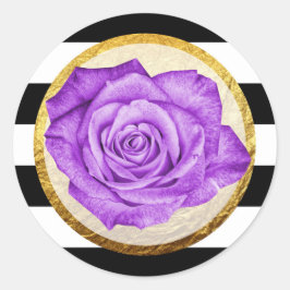 Moderne Paarse Roos Faux Gouden Folie Gestreepte B Ronde Sticker