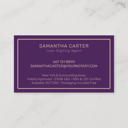 Moderne paarse roos goud notaris lening onderteken visitekaartje (Achterkant)