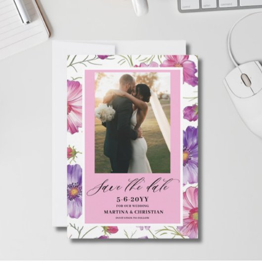 Moderne Paarse Roze Bloesem Script Foto Bruiloft Save The Date