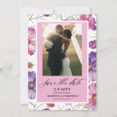 Moderne Paarse Roze Bloesem Script Foto Bruiloft Save The Date (Voorkant)