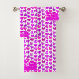 Moderne Paarse Roze Doodled Hearts Valentijn Naam Bad Handdoek