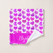 Moderne Paarse Roze Doodled Hearts Valentijn Naam Bad Handdoek (Wasdoekje)
