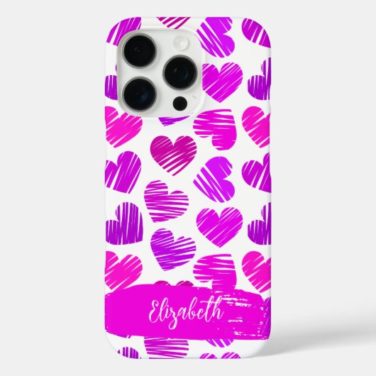 Moderne Paarse Roze Doodled Hearts Valentijn Naam Case-Mate iPhone Case (Achterkant)