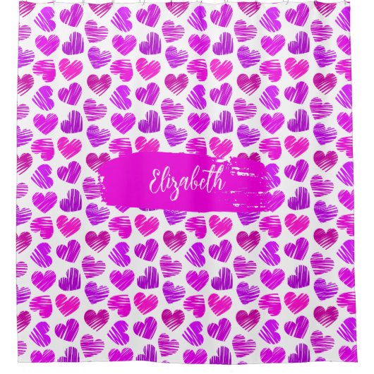 Moderne Paarse Roze Doodled Hearts Valentijn Naam Douchegordijn (Voorkant)