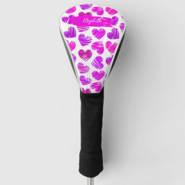 Moderne Paarse Roze Doodled Hearts Valentijn Naam Golfheadcover