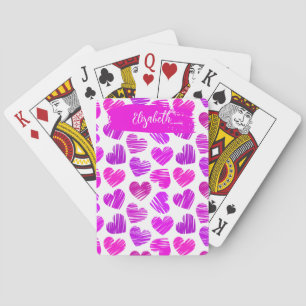 Moderne Paarse Roze Doodled Hearts Valentijn Naam Pokerkaarten