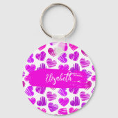 Moderne Paarse Roze Doodled Hearts Valentijn Naam Sleutelhanger (Voorkant)