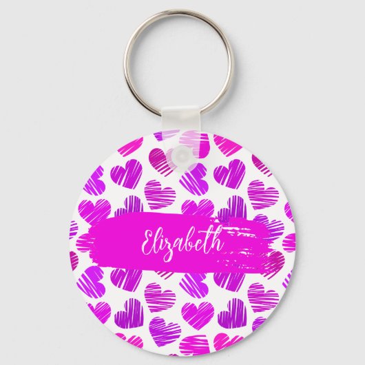 Moderne Paarse Roze Doodled Hearts Valentijn Naam Sleutelhanger (Voorkant)