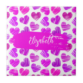 Moderne Paarse Roze Doodled Hearts Valentijn Naam Tegeltje