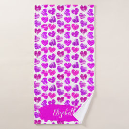 Moderne Paarse Roze Gekrabbelde Harten Valentijn N Badhanddoek