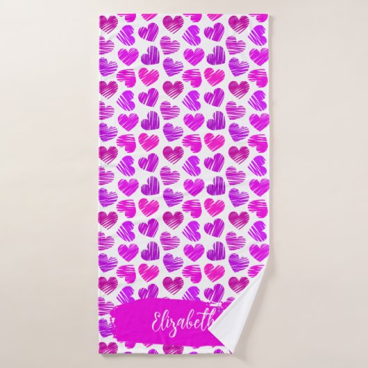 Moderne Paarse Roze Gekrabbelde Harten Valentijn N Badhanddoek (Badhanddoek)